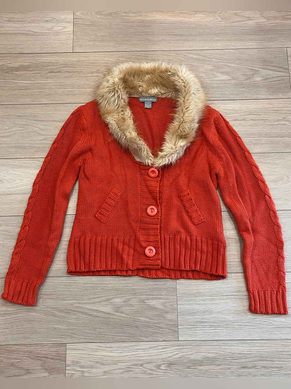 Beechers Brook Orange Cable Knit Faux Fur Collar Cardigan Size L